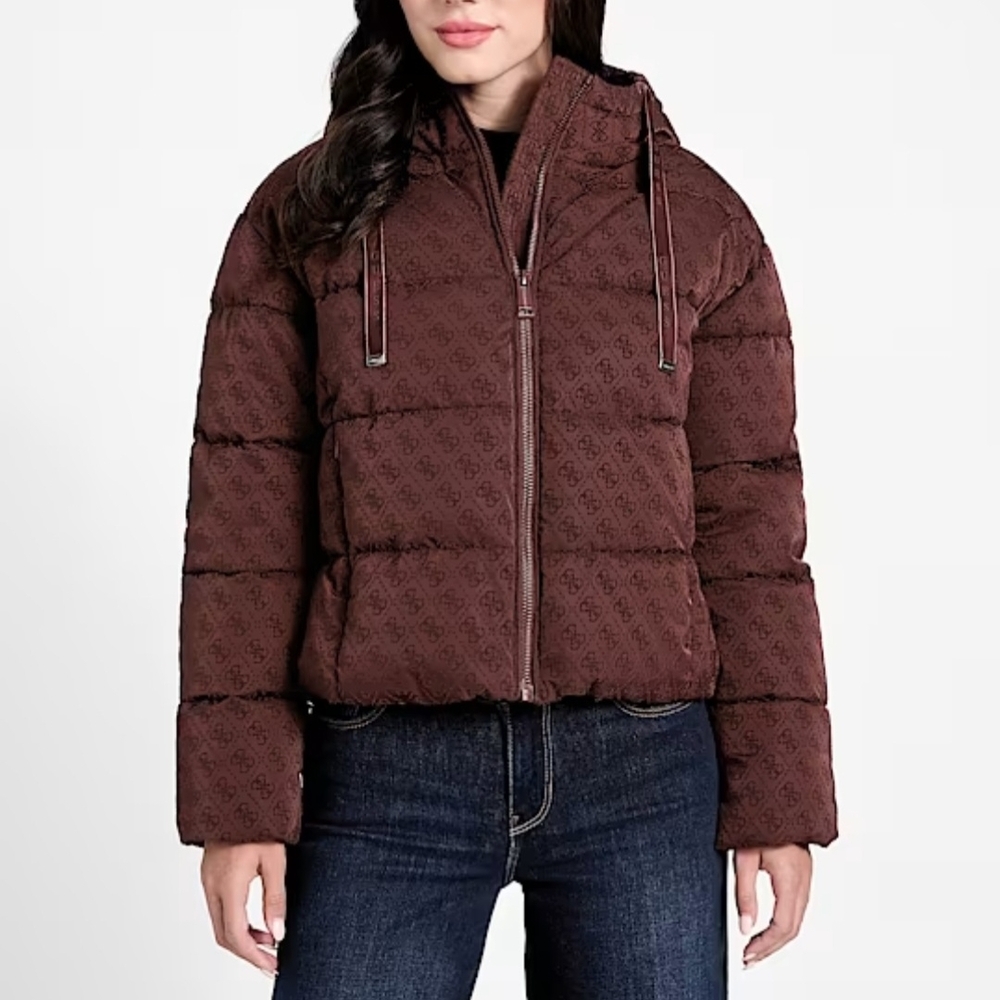 Guess Cropped Quilted Monogram Puffer Jacket in Deep Brown